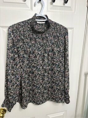 Reitmans Black Floral Smocked Neck Long Sleeve Blouse